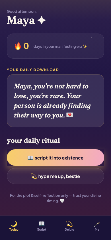 The Delulu app showing today's daily download affirmation and your manifesting-era streak